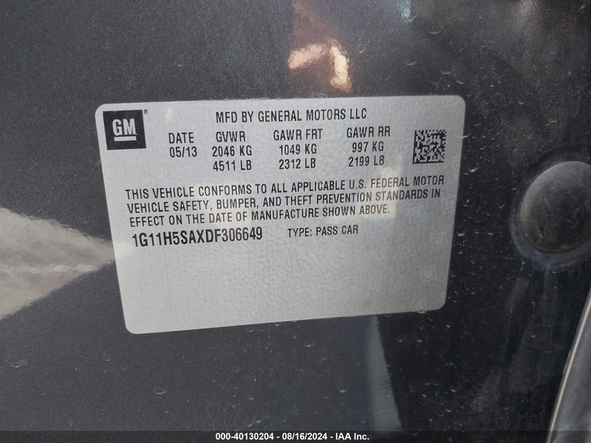 2013 Chevrolet Malibu 1Lz VIN: 1G11H5SAXDF306649 Lot: 40130204