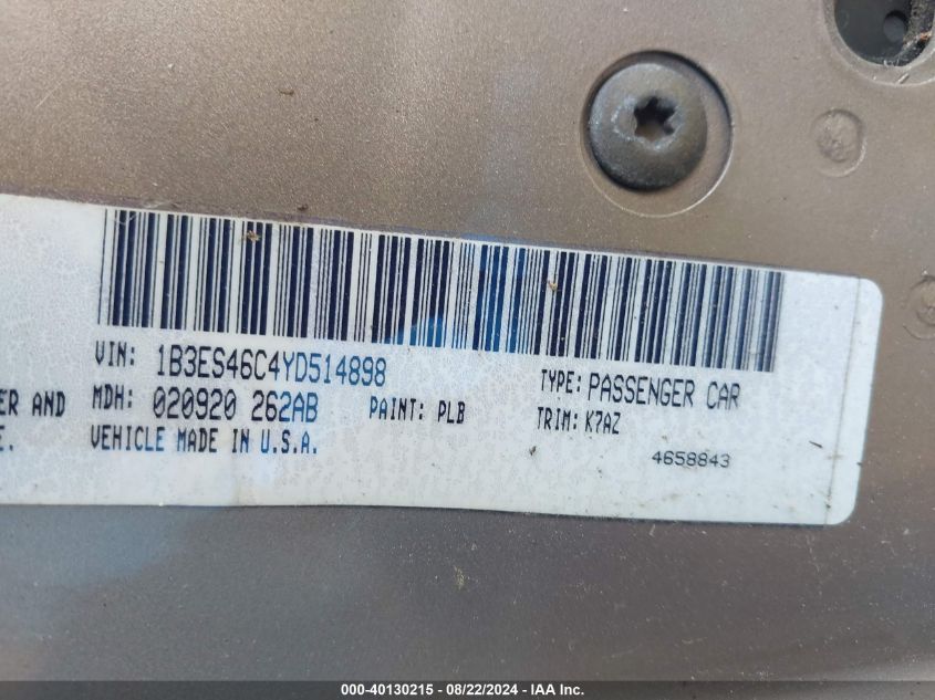 2000 Dodge Neon Highline VIN: 1B3ES46C4YD514898 Lot: 40130215