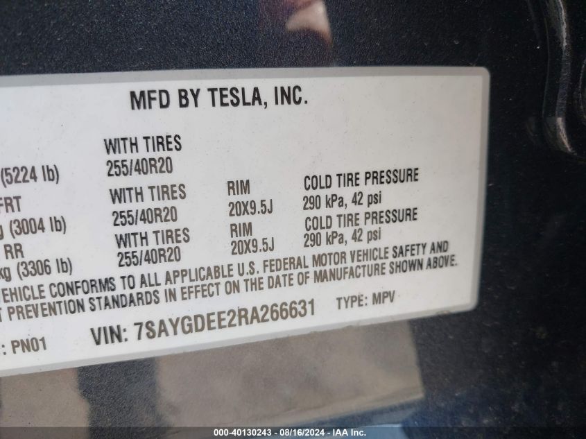 2024 Tesla Model Y Long Range Dual Motor All-Wheel Drive VIN: 7SAYGDEE2RA266631 Lot: 40130243