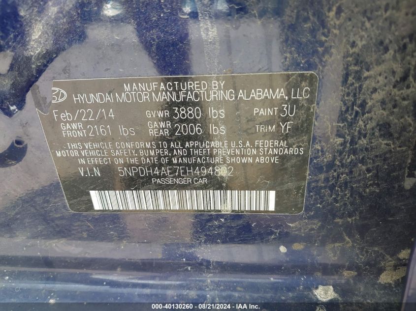 5NPDH4AE7EH494802 2014 Hyundai Elantra Se