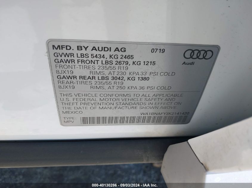 2019 Audi Q5 45 Premium VIN: WA1BNAFY3K2141420 Lot: 40130286