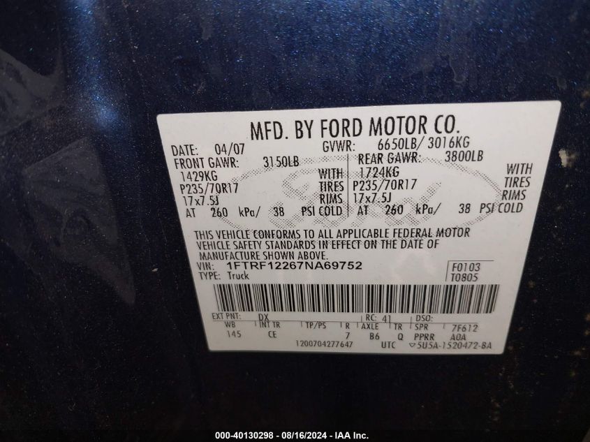 1FTRF12267NA69752 2007 Ford F-150 Stx/Xl/Xlt