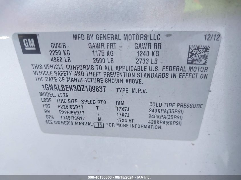 2013 Chevrolet Equinox Ls VIN: 1GNALBEK3DZ109837 Lot: 40130303