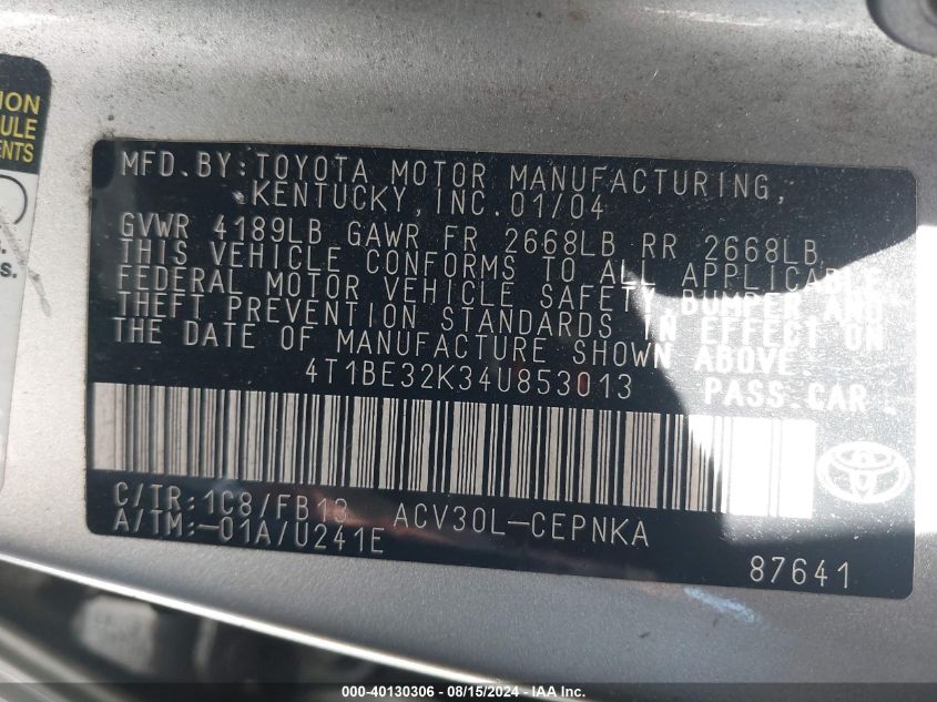 2004 Toyota Camry Le VIN: 4T1BE32K34U853013 Lot: 40130306