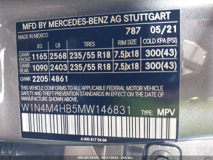 2021 Mercedes-Benz Glb 250 4Matic VIN: W1N4M4HB5MW146831 Lot: 40130308