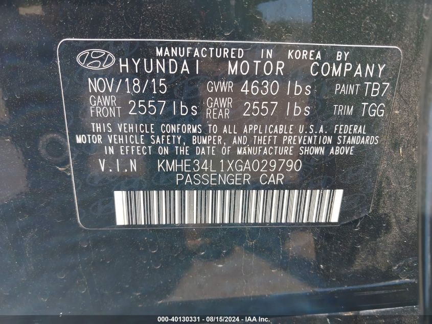 2016 Hyundai Sonata Hybrid Limited VIN: KMHE34L1XGA029790 Lot: 40130331