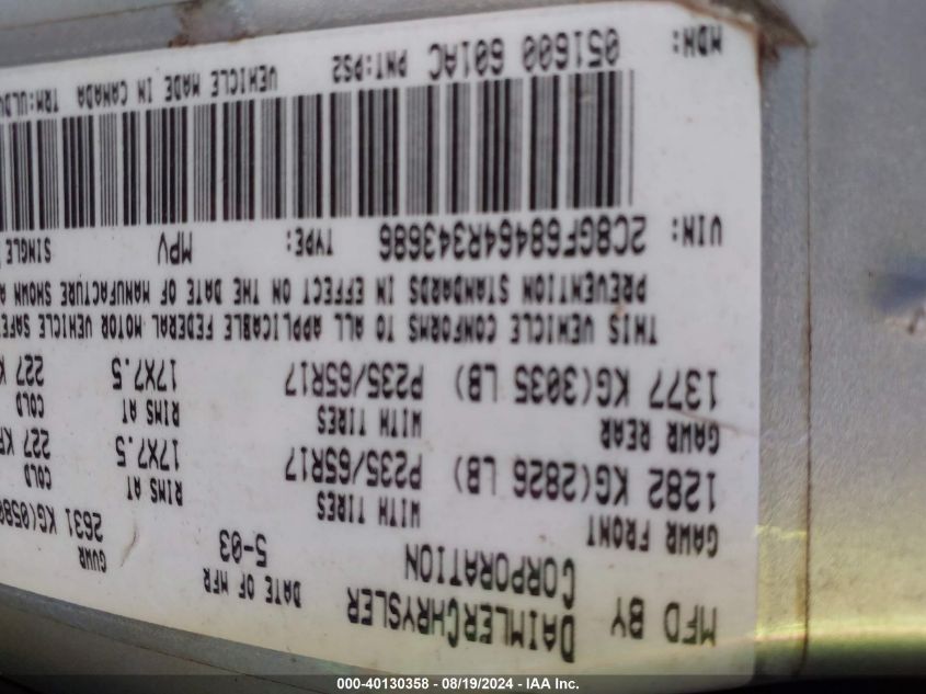 2004 Chrysler Pacifica VIN: 2C8GF68464R343686 Lot: 40130358