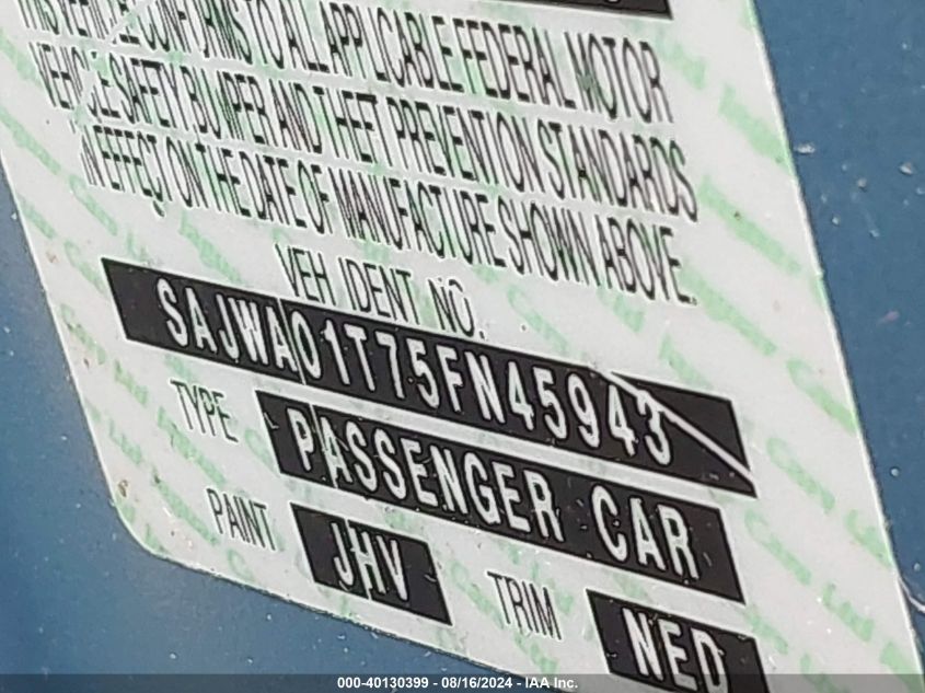 2005 Jaguar S-Type 3.0L V6 VIN: SAJWA01T75FN45943 Lot: 40130399