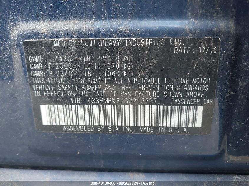 2011 Subaru Legacy 2.5I Limited VIN: 4S3BMBK65B3215577 Lot: 40130468