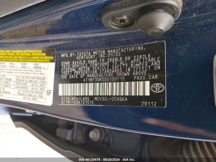 2005 Toyota Camry Xle V6 VIN: 4T1BF30K55U100715 Lot: 40130479