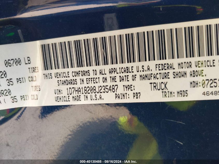 2008 Dodge Ram 1500 Slt VIN: 1D7HA18208J235487 Lot: 40130485
