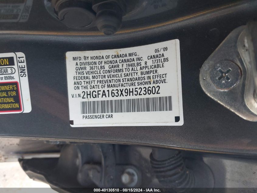 2009 Honda Civic Vp VIN: 2HGFA163X9H523602 Lot: 40130510