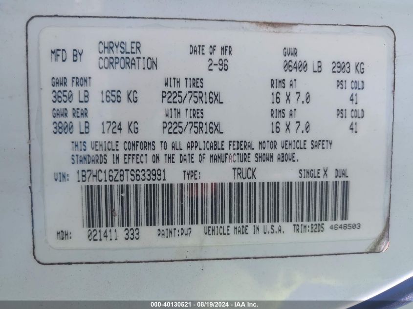1996 Dodge Ram 1500 VIN: 1B7HC16Z8TS633991 Lot: 40130521