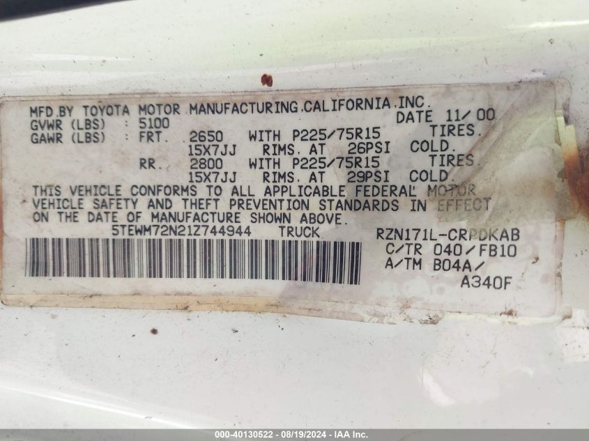 2001 Toyota Tacoma Base (A4) VIN: 5TEWM72N21Z744944 Lot: 40130522