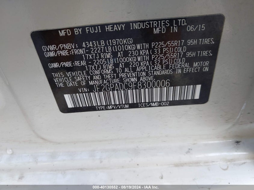 2015 SUBARU XV CROSSTREK 2.0I PREMIUM - JF2GPADC9F8300006