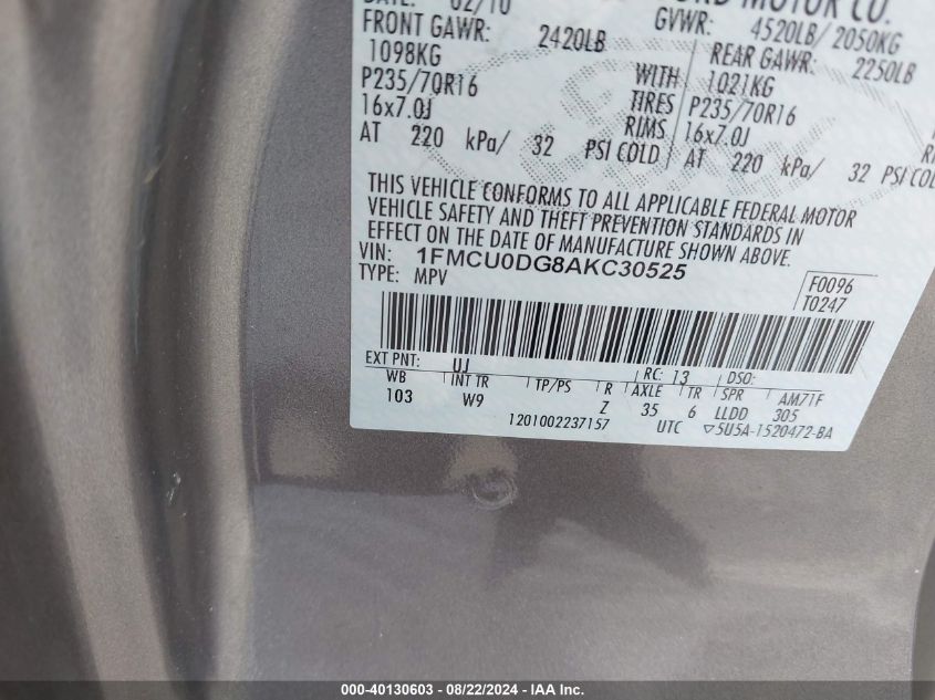 2010 Ford Escape Xlt VIN: 1FMCU0DG8AKC30525 Lot: 40130603