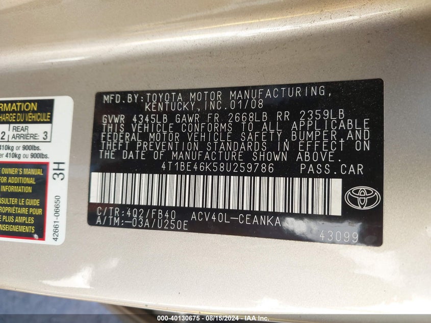 2008 Toyota Camry Le VIN: 4T1BE46K58U259786 Lot: 40130675