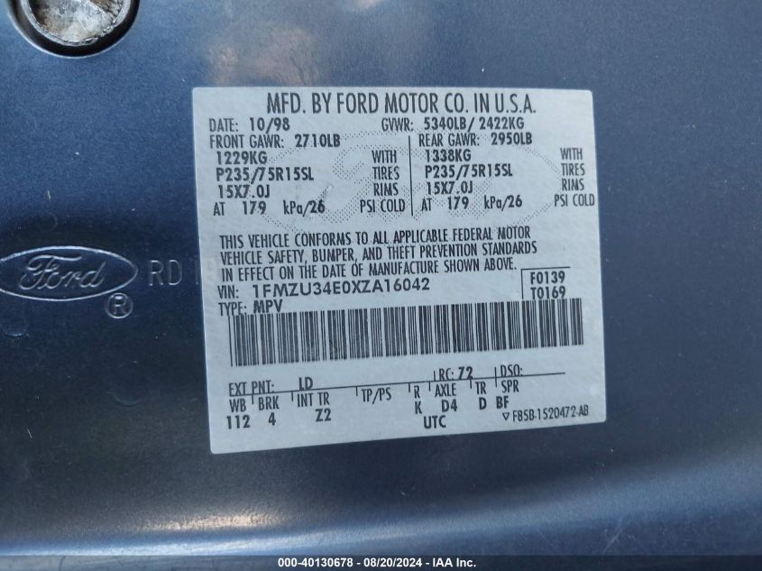 1999 Ford Explorer Eddie Bauer/Limited/Xlt VIN: 1FMZU34E0XZA16042 Lot: 40130678