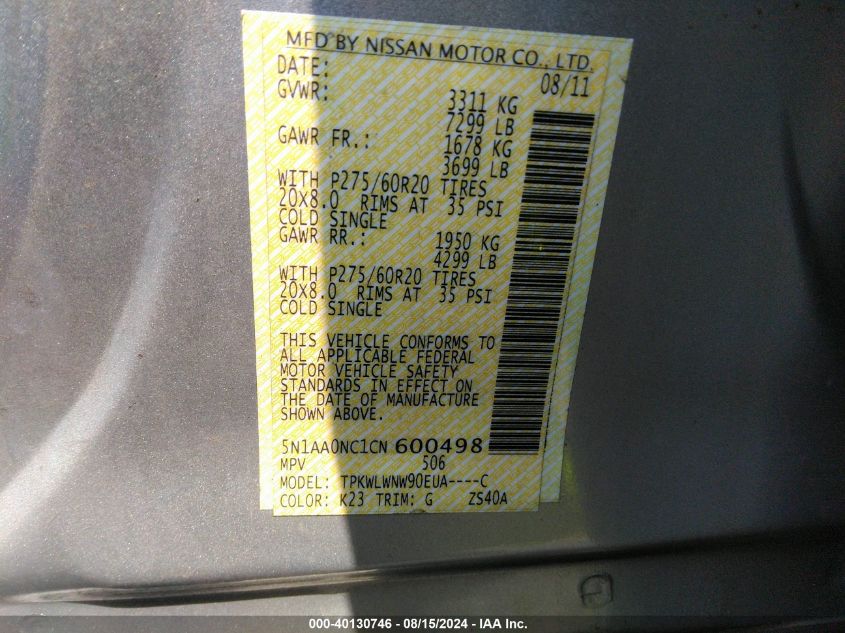 2012 Nissan Armada Platinum VIN: 5N1AA0NC1CN600498 Lot: 40130746