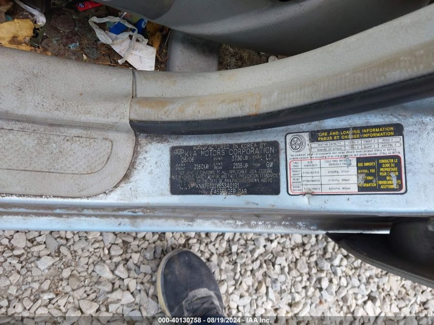 2006 Kia Spectra Ex/Lx/Sx VIN: KNAFE121X65340191 Lot: 40130758