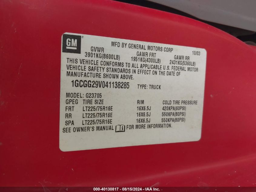 2004 Chevrolet Express VIN: 1GCGG29V041138285 Lot: 40130817