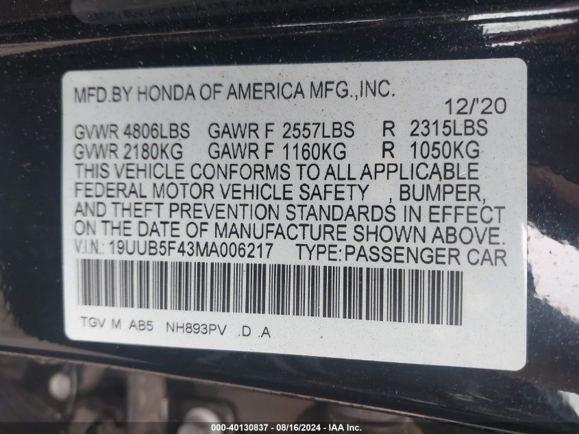 2021 Acura Tlx Technology Package VIN: 19UUB5F43MA006217 Lot: 40130837