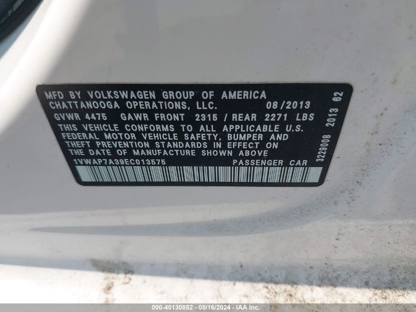 2014 Volkswagen Passat 2.5L S VIN: 1VWAP7A39EC013575 Lot: 40130852