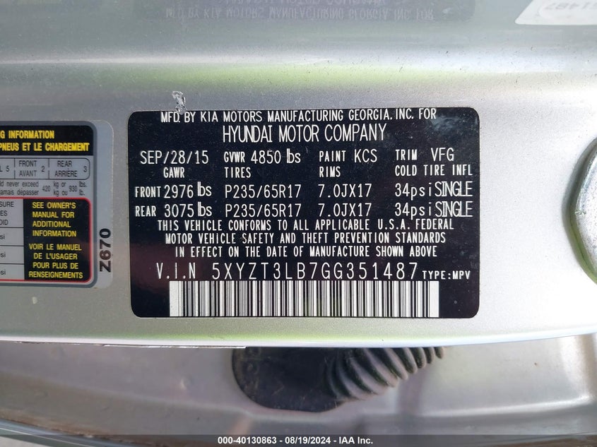 2016 Hyundai Santa Fe Sport 2.4L VIN: 5XYZT3LB7GG351487 Lot: 40130863