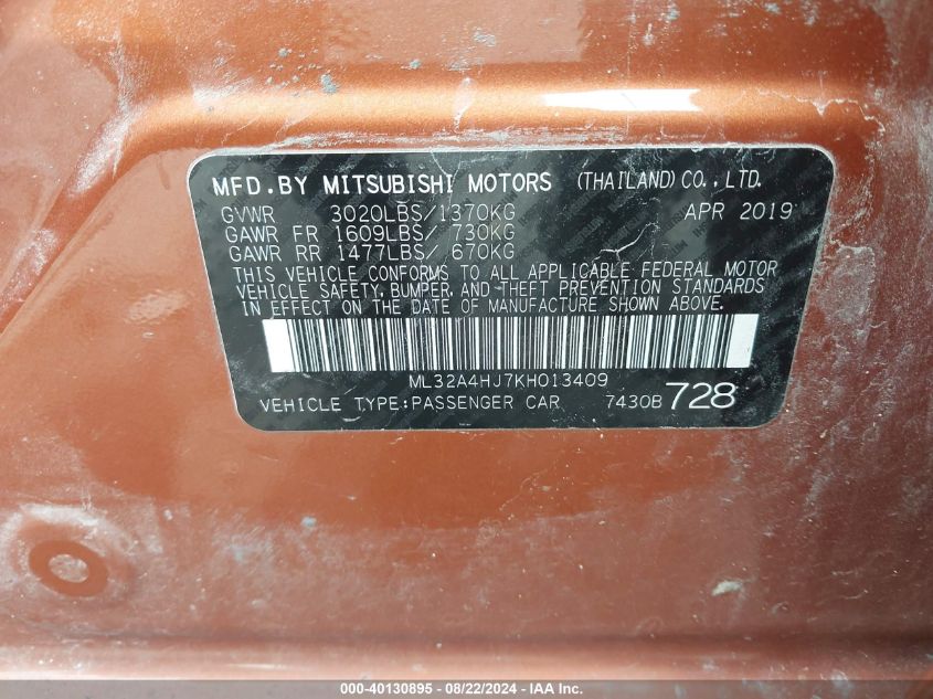 ML32A4HJ7KH013409 2019 Mitsubishi Mirage Se