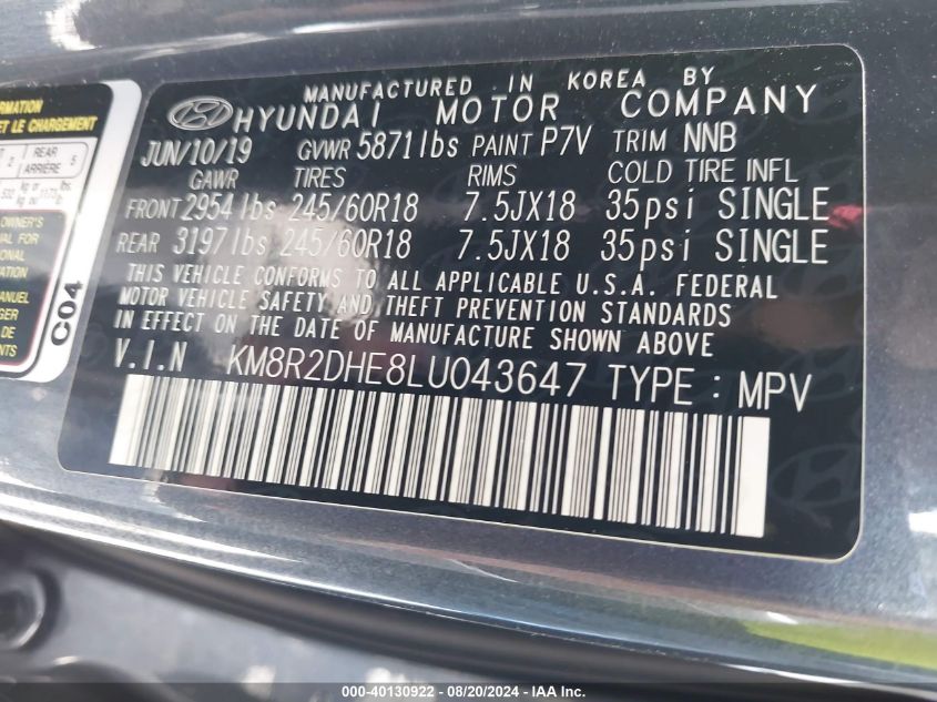 2020 Hyundai Palisade Sel VIN: KM8R2DHE8LU043647 Lot: 40130922