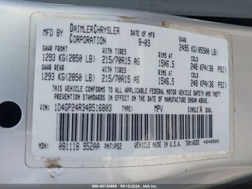 2004 Dodge Grand Caravan Se VIN: 1D4GP24R34B516803 Lot: 40130969