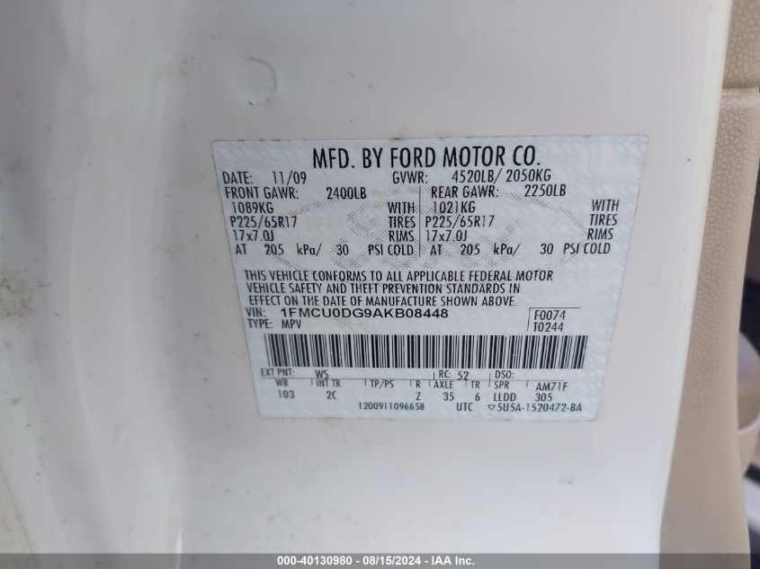 2010 Ford Escape Xlt VIN: 1FMCU0DG9AKB08448 Lot: 40130980