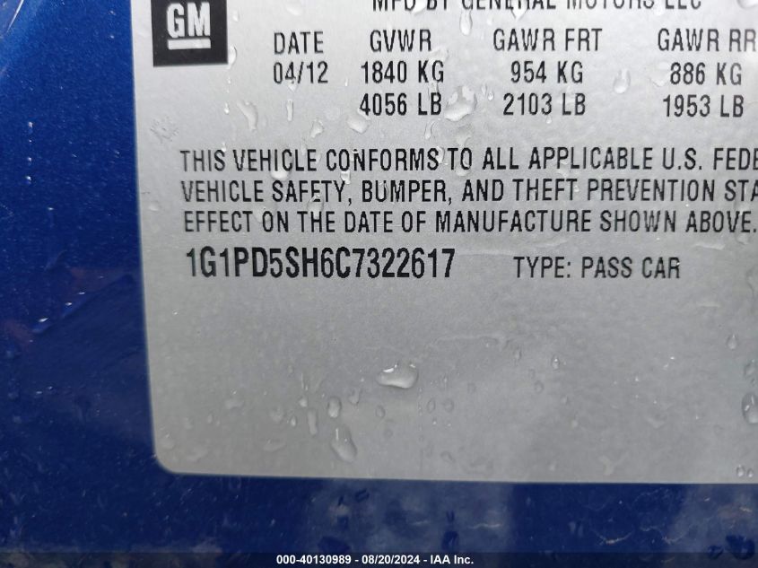 2012 Chevrolet Cruze Ls VIN: 1G1PD5SH6C7322617 Lot: 40130989