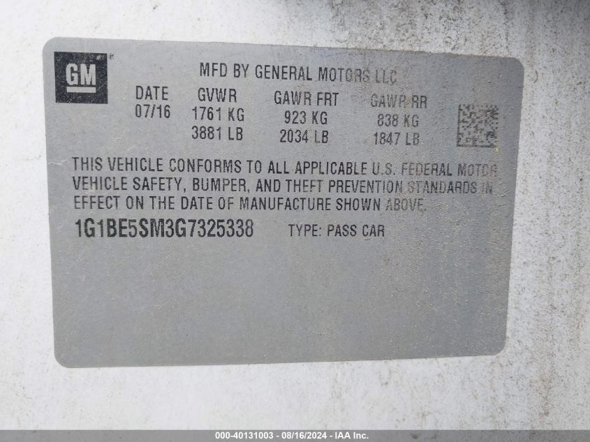 2016 Chevrolet Cruze Lt Auto VIN: 1G1BE5SM3G7325338 Lot: 40131003