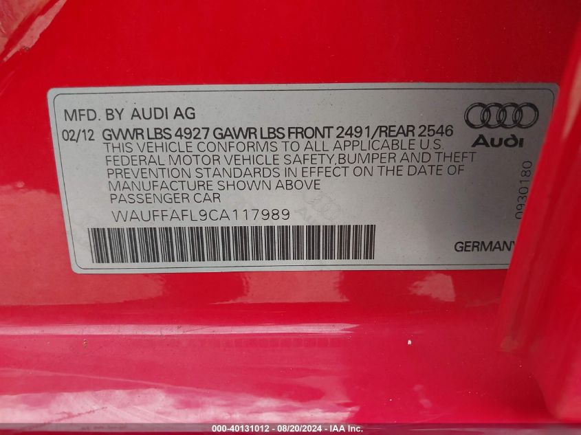 2012 Audi A4 2.0T Premium VIN: WAUFFAFL9CA117989 Lot: 40131012