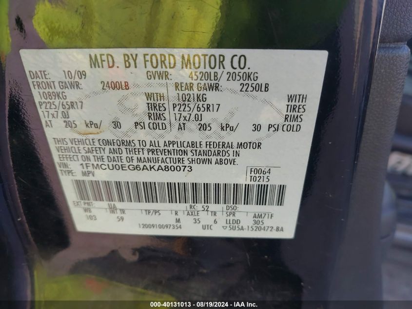 2010 Ford Escape Limited VIN: 1FMCU0EG6AKA80073 Lot: 40131013