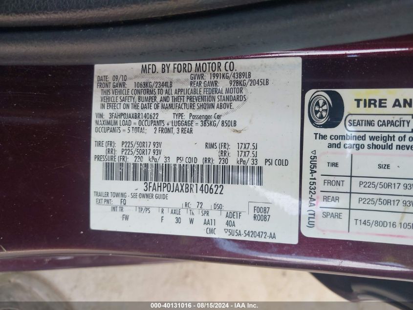 2011 Ford Fusion Sel VIN: 3FAHP0JAXBR140622 Lot: 40131016