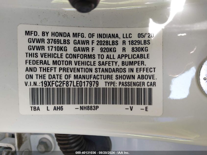 2020 Honda Civic Sport VIN: 19XFC2F87LE017979 Lot: 40131036