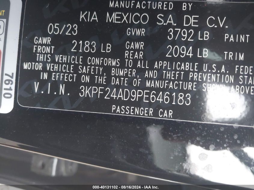 2023 Kia Forte Lxs VIN: 3KPF24AD9PE646183 Lot: 40131102