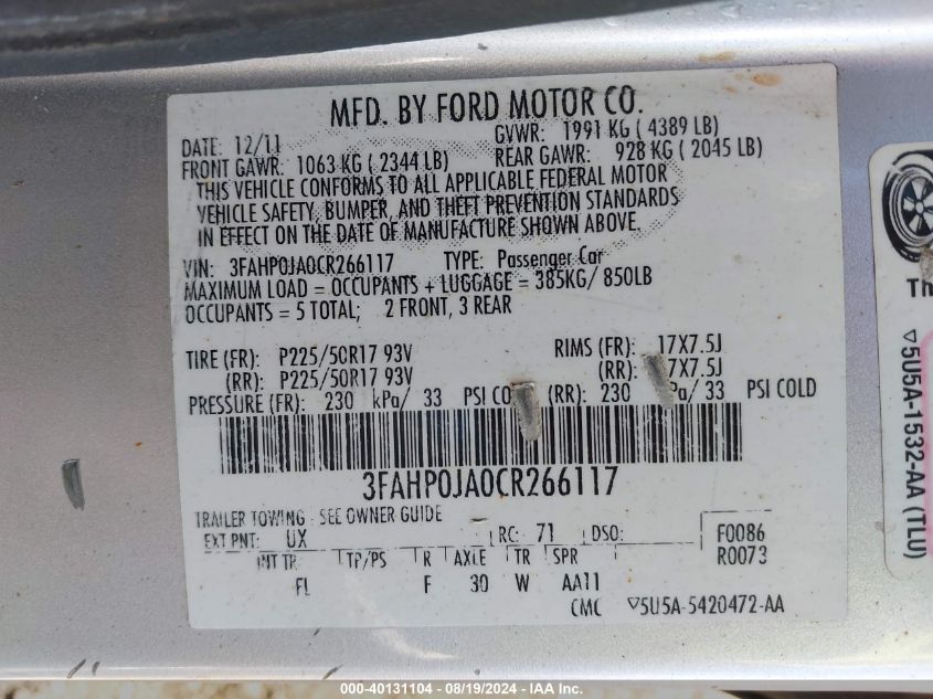 2012 Ford Fusion Sel VIN: 3FAHP0JA0CR266117 Lot: 40131104