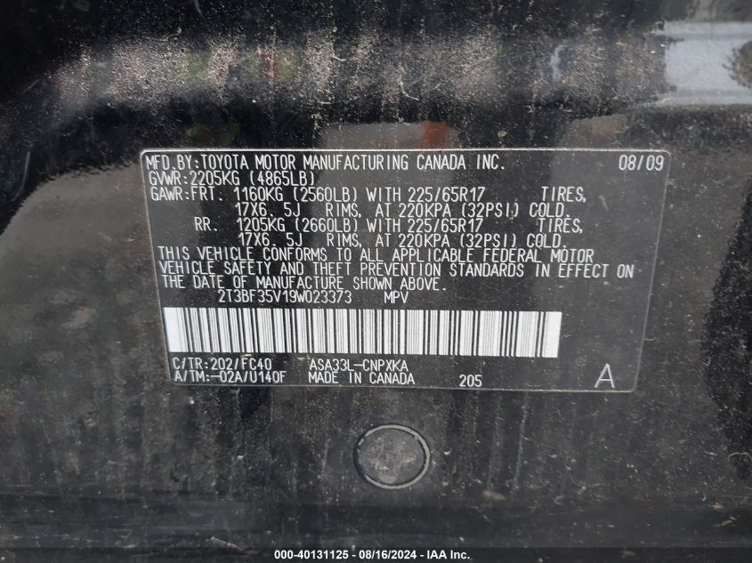 2009 Toyota Rav4 VIN: 2T3BF35V19W023373 Lot: 40131125