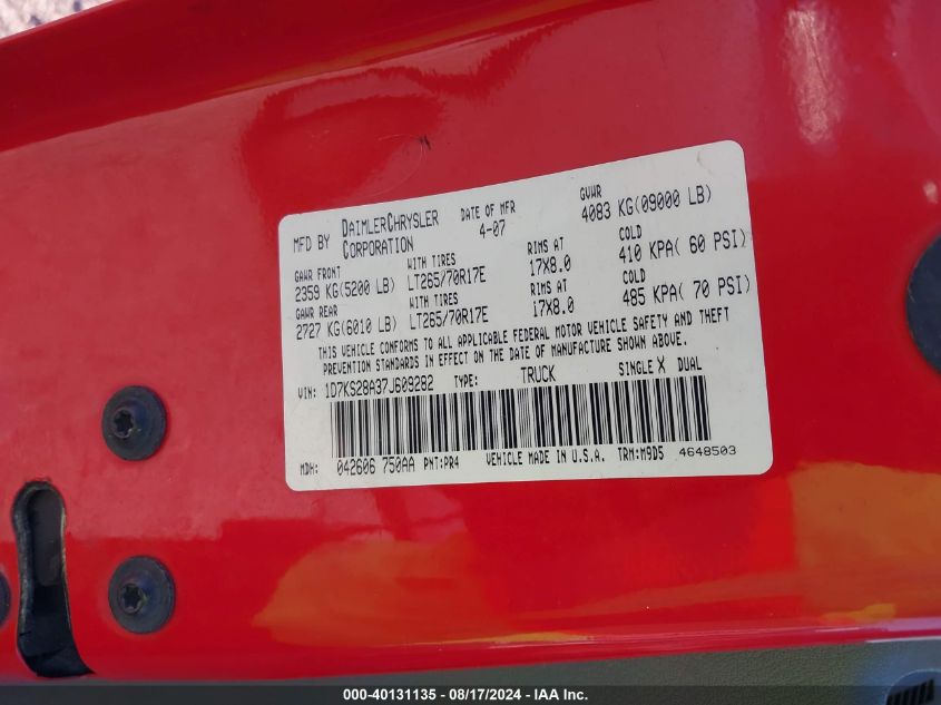 2007 Dodge Ram 2500 St/Slt VIN: 1D7KS28A37J609282 Lot: 40131135
