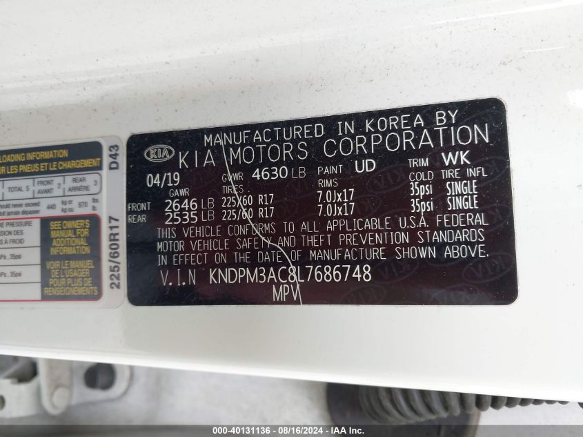 KNDPM3AC8L7686748 2020 Kia Sportage Lx