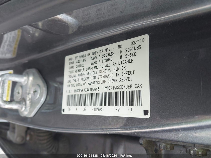 2010 Honda Accord 2.4 Ex VIN: 1HGCP2F77AA106645 Lot: 40131138