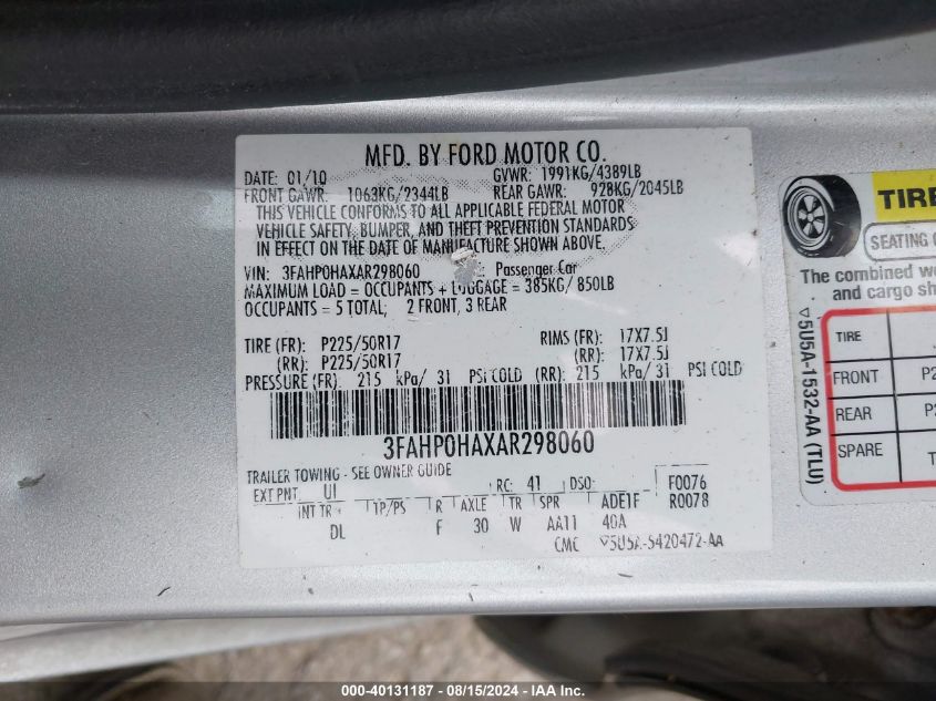 2010 Ford Fusion Se VIN: 3FAHP0HAXAR298060 Lot: 40131187