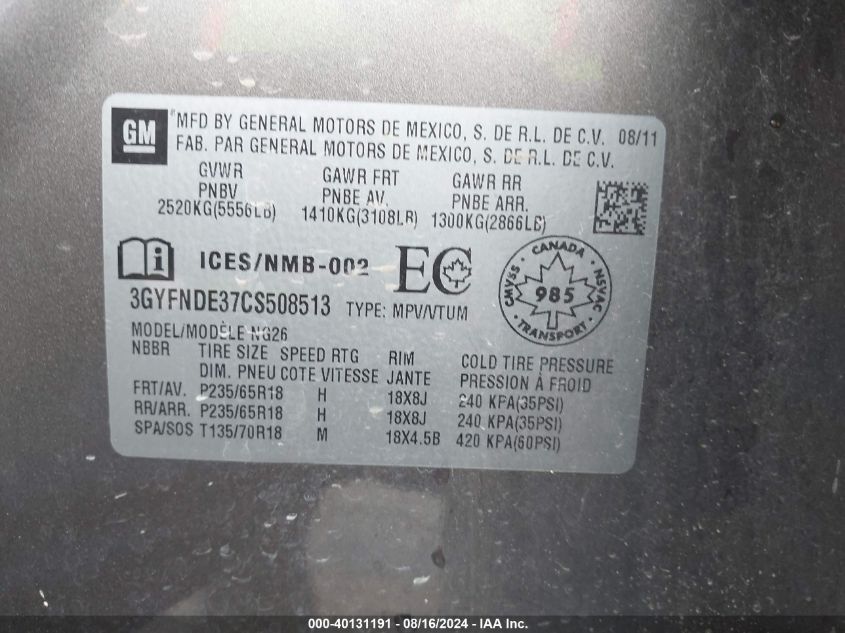 2012 Cadillac Srx Luxury Collection VIN: 3GYFNDE37CS508513 Lot: 40131191