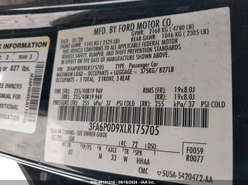 2020 Ford Fusion Titanium VIN: 3FA6P0D9XLR175705 Lot: 40131218