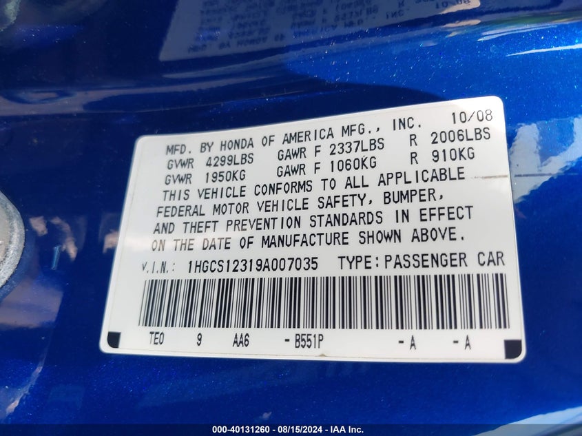 2009 Honda Accord 2.4 Lx-S VIN: 1HGCS12319A007035 Lot: 40131260