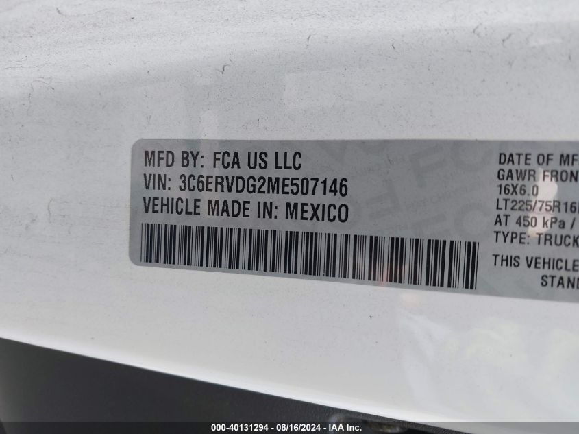 2021 Ram Promaster 2500 High Roof 159 Wb VIN: 3C6ERVDG2ME507146 Lot: 40131294