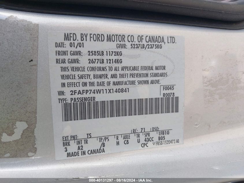 2001 Ford Crown Victoria Lx VIN: 2FAFP74W11X140841 Lot: 40131297